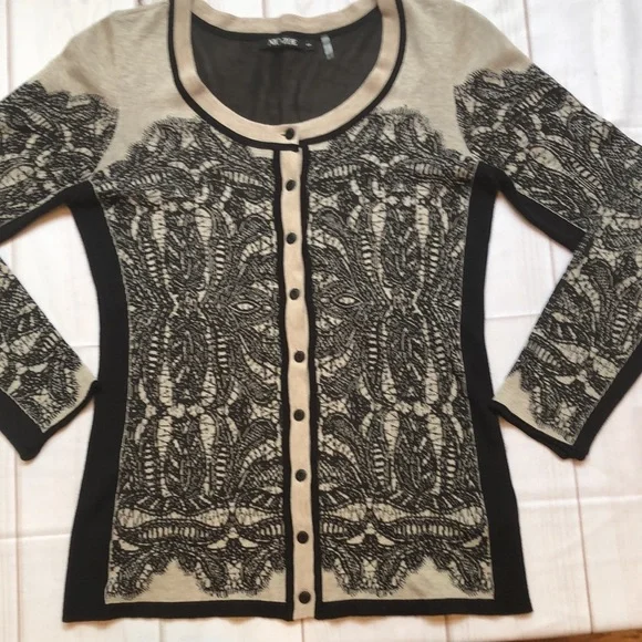 Nic+Zoe Taupe & Black Lace Look Button Front Cardigan Sweater Women’s small EUC - Picture 8 of 14